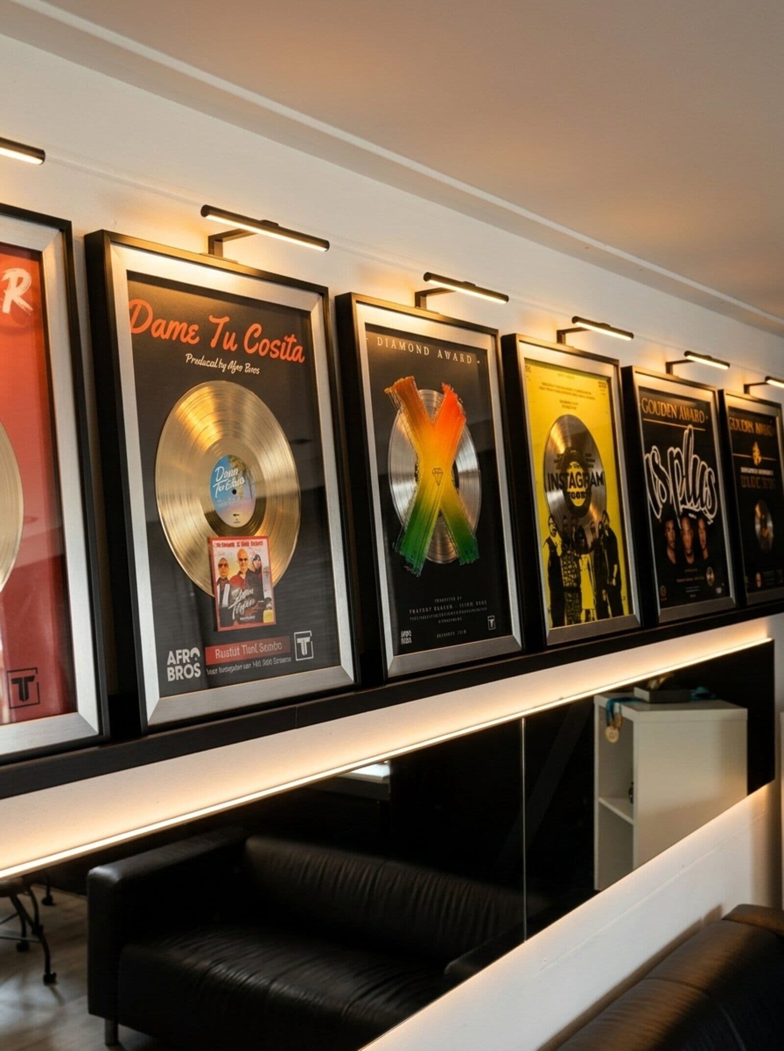 Afreaka Records studio, vinyl wall with platinum and gold records